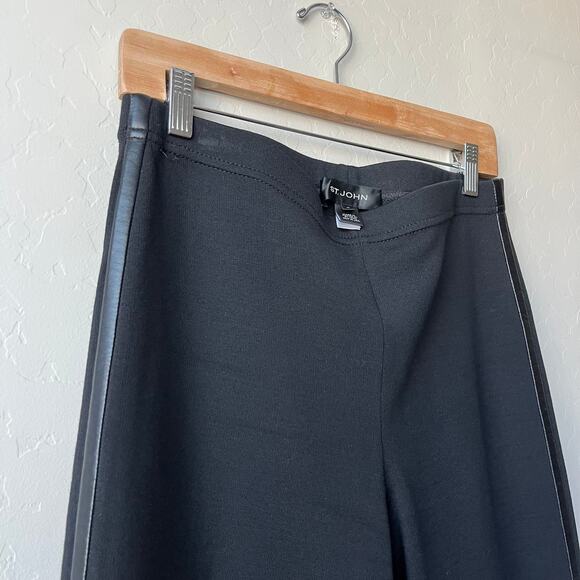 St. John Black Wool Knit Pull-On Leather Stripe Trim Dress Pants Size 10 - Picture 3 of 8